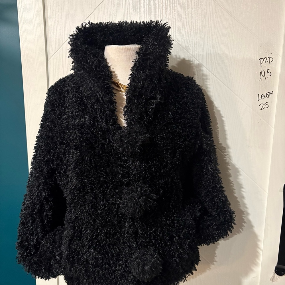 Montanaco Black Shaggy Faux Fur Bomber Jacket / PomPom/Festival/NYE/Club/ Chic